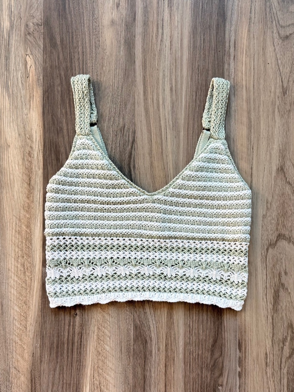 Hollister Green & White Striped Crocheted Crop Top Size S